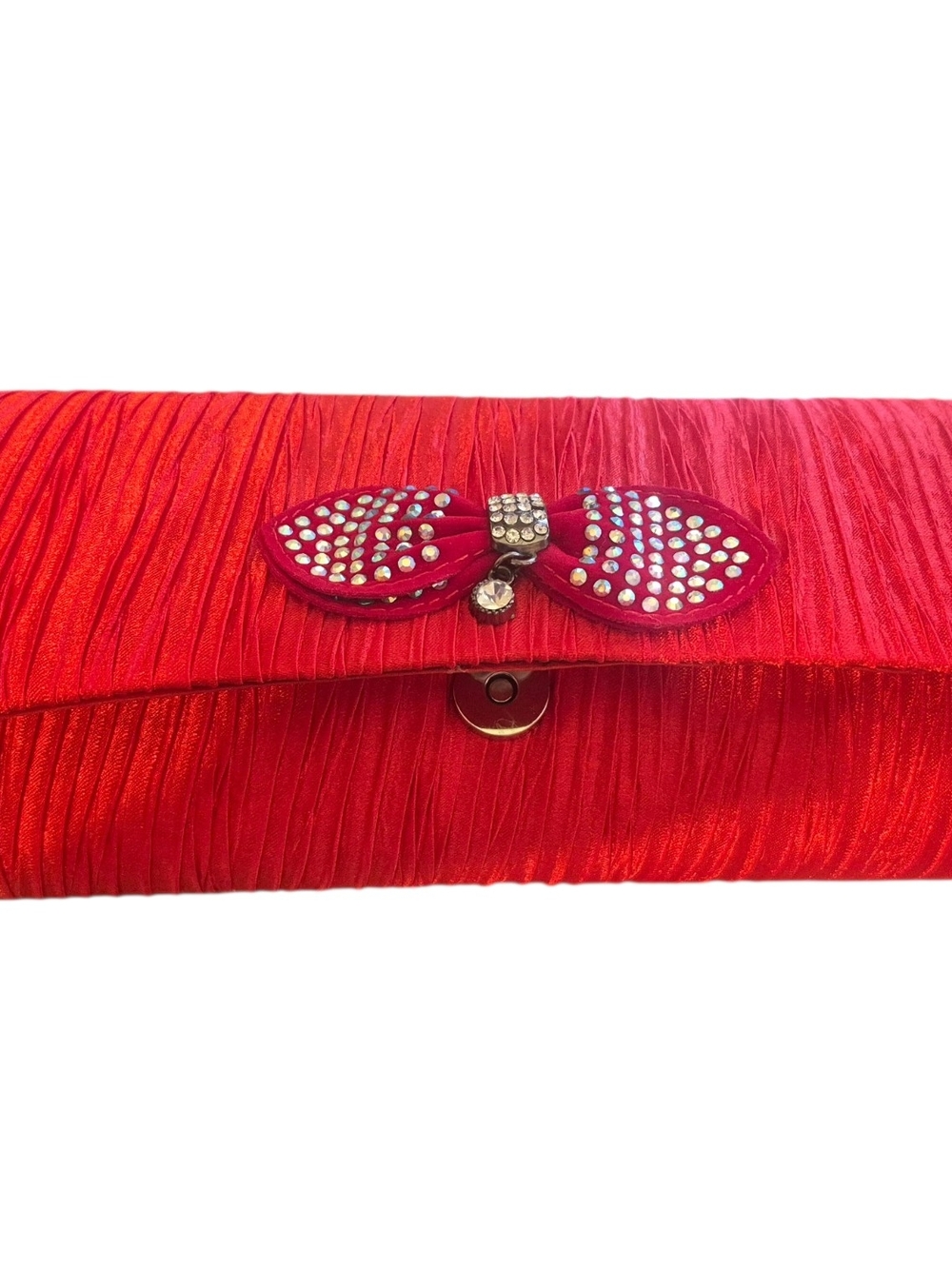 Red Satin Look Bow Clutch with Crystal Accent